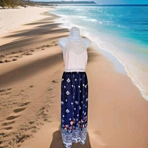 A Fun Maxi Dress Junior Size 9 Lace Halter Bodice Blue Floral Lined Boho Beachy